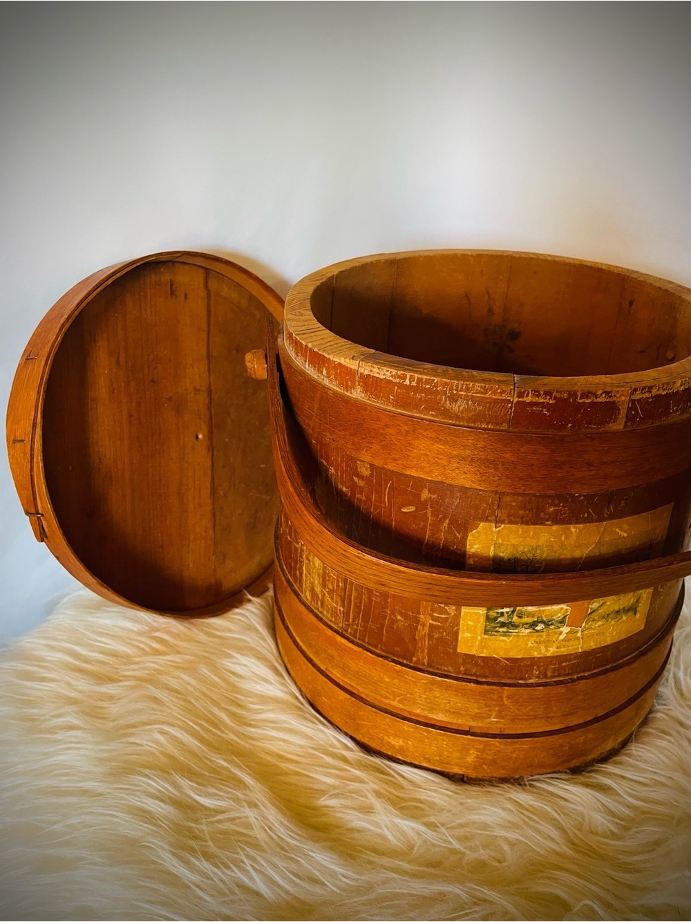 Vintage Primitive Wood FIRKIN Sugar Bucket Finger Bands Pegged Bentwood Handle - Picture 6 of 11